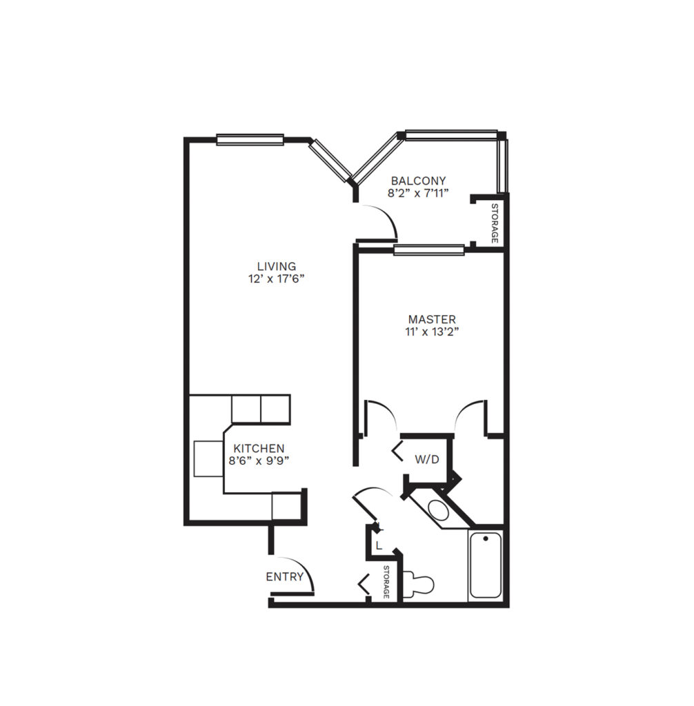 An illustrated one-bedroom floor plan image of "Doulton I"
