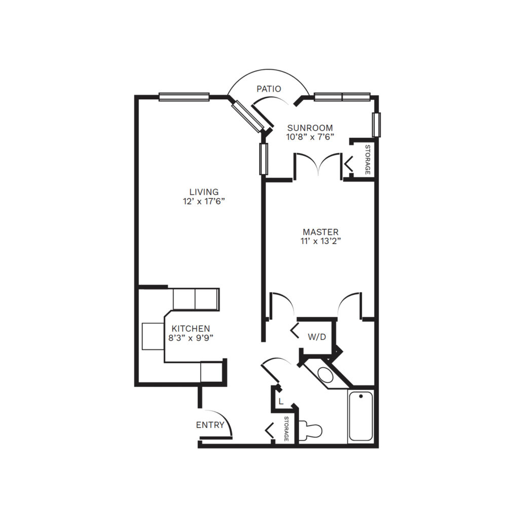 An illustrated one-bedroom floor plan image of "Doulton II"