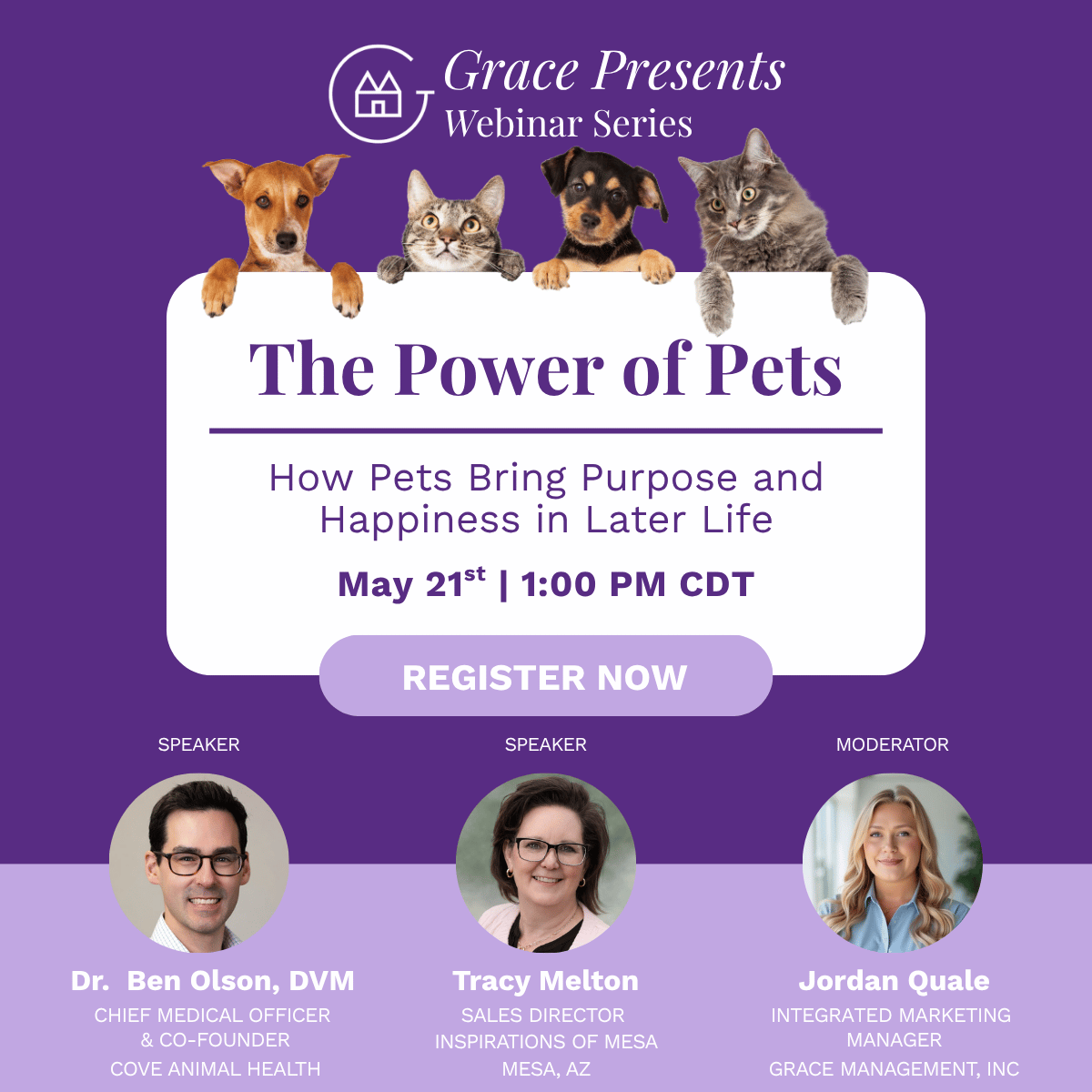 Purple webinar banner: "The Power of Pets" with four pets peeking over a white rounded card, a big REGISTER NOW button, and three speaker headshots with titles below.