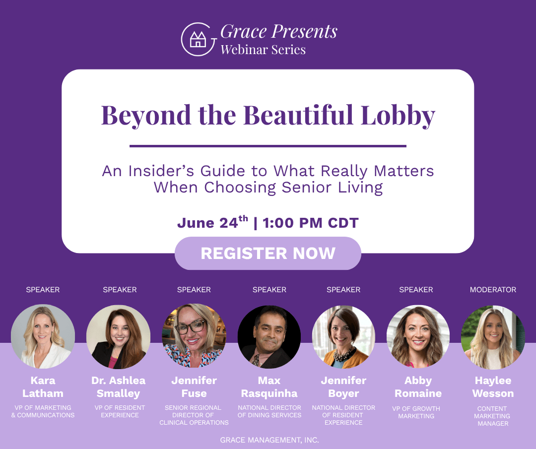 Grace Presents webinar banner: 'Beyond the Beautiful Lobby' with date/time and a prominent Register Now button; purple background, white rounded card, and seven speaker headshots with names and titles.