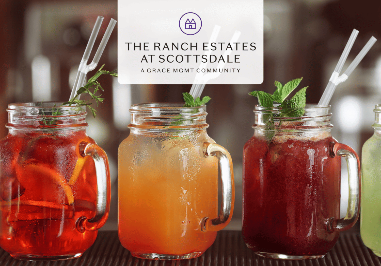 Three colorful mason jar drinks with straws and mint garnish on a bar, branding banner overlapping the top center.