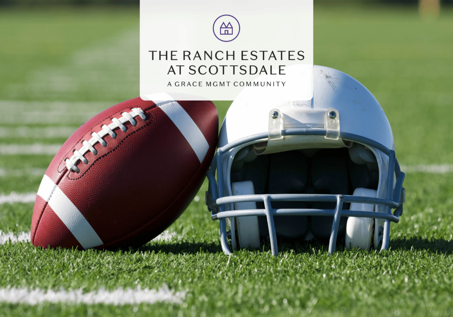 Football resting beside a white helmet on grass, with a banner reading The Ranch Estates at Scottsdale.